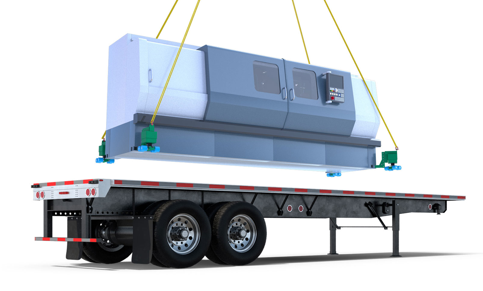 3D computer rendering of a CNC device being lifted from truck bed